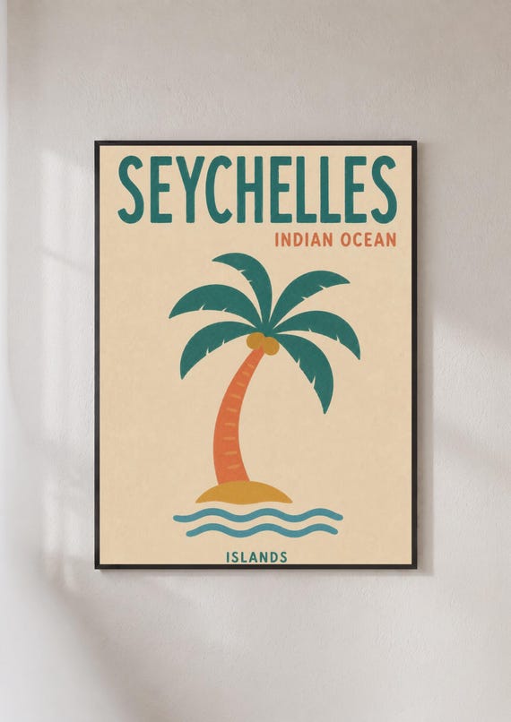Seychelles Travel Poster Indian Ocean Island Retro Wall Art Tropical Palm Print