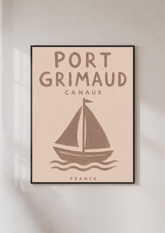 Port Grimaud France Brown Sailboat Retro Canal Coastal Art Poster