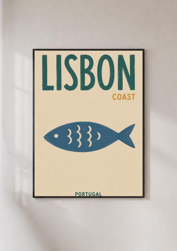 Lisbon Coast Portugal Travel Poster Retro Fish Print Portuguese Wall Art