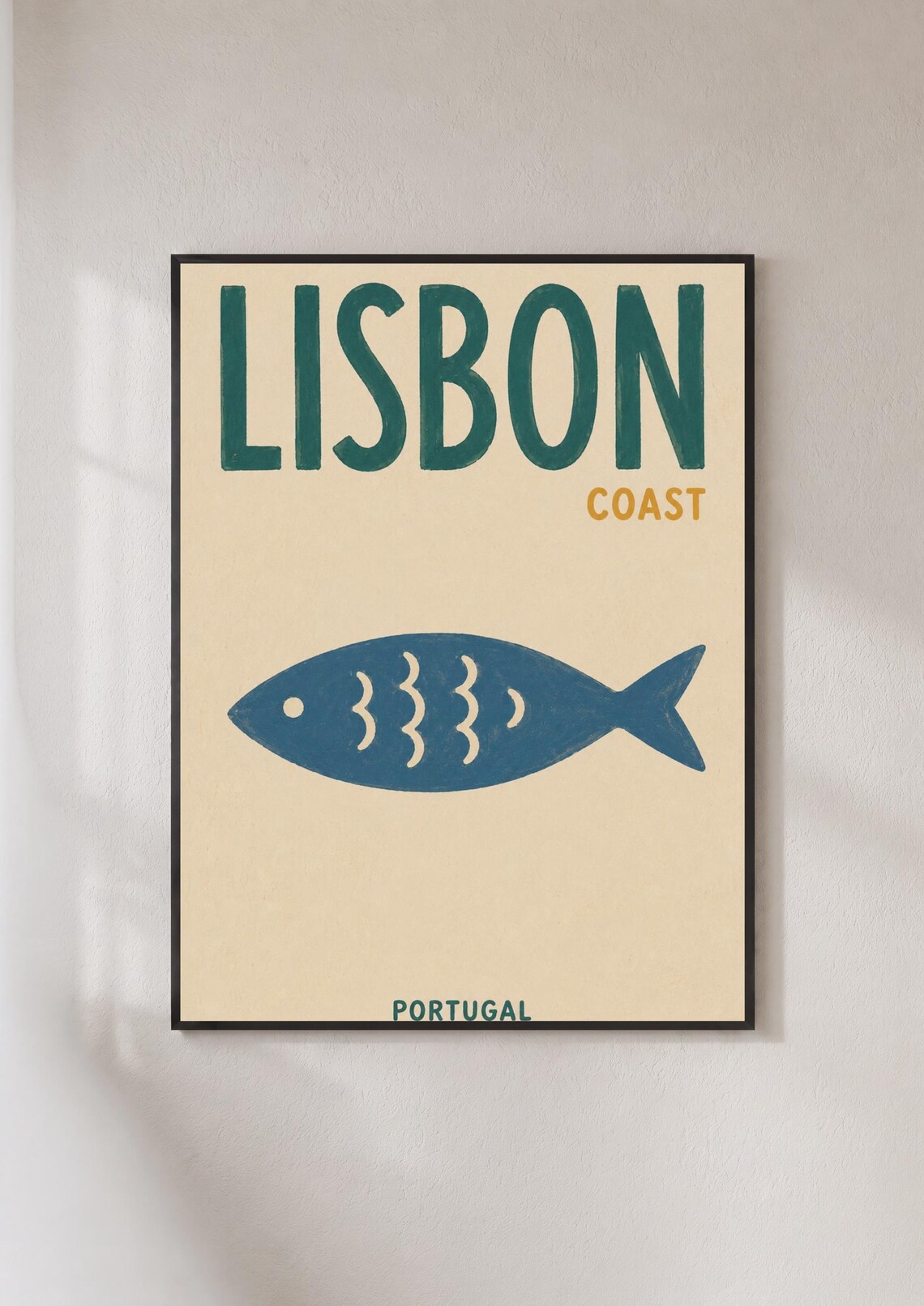 Lisbon Coast Portugal Retro Fish Travel Poster Blue Folk Art