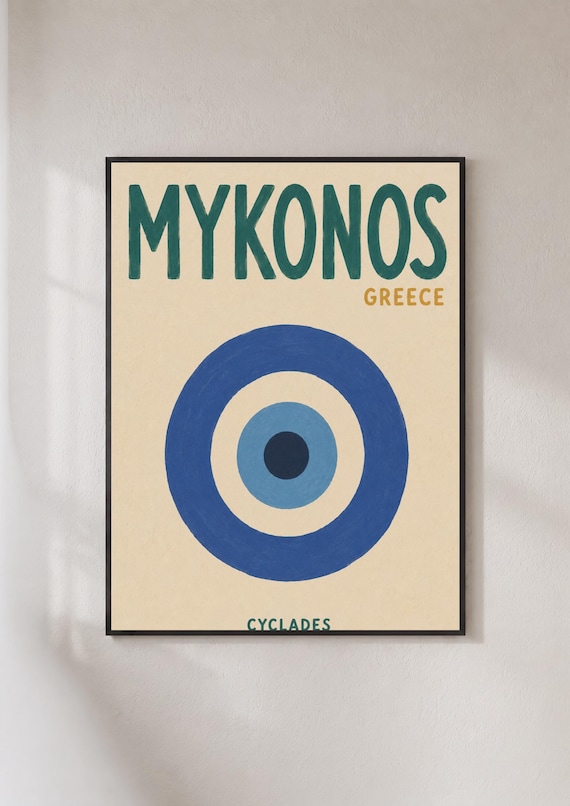 Mykonos Greece Retro Travel Poster Blue Evil Eye Cyclades Isles