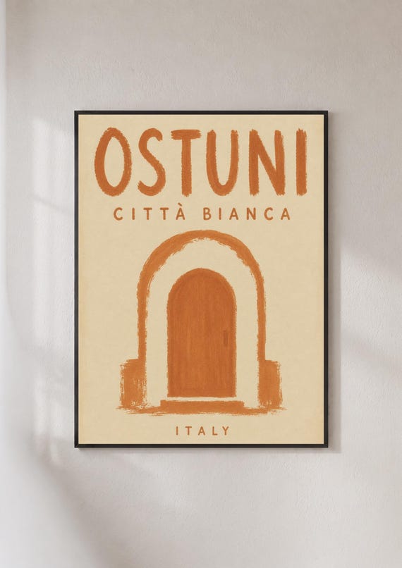 Ostuni Italy Travel Poster Citta Bianca Wall Art Puglia Print Terracotta Arch