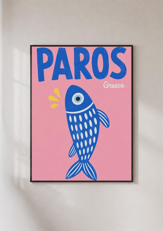 Paros Greece Evil Eye Fish Blue Pink Retro Island Travel Poster