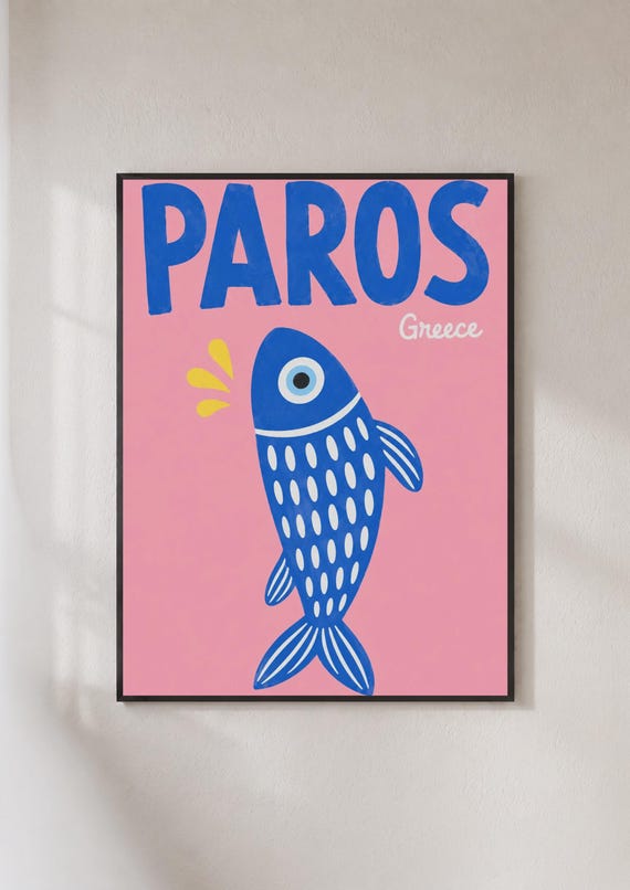 Paros Greece Poster Greek Island Travel Print Evil Eye Fish Wall Art Pink Blue