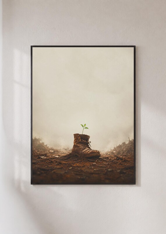 WALL E Old Boot Seedling Hope Wasteland Minimal Pixar Poster