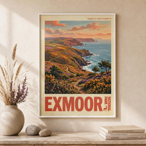 Exmoor National Park Print Vintage England Travel Poster Coastal Landscape Wall Art