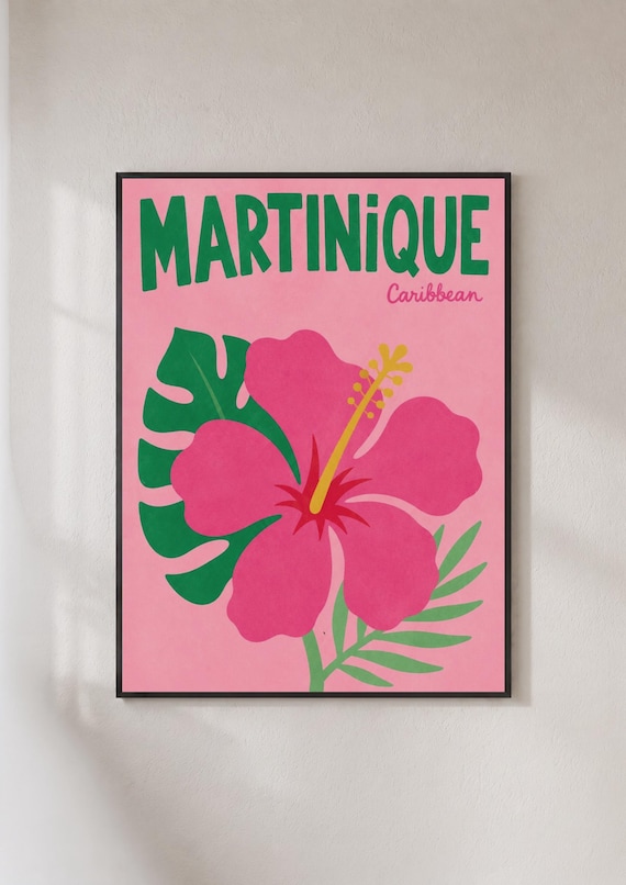 Martinique Caribbean Pink Hibiscus Tropical Flower Travel Poster