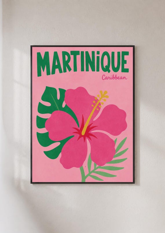 Martinique Caribbean Poster Hibiscus Tropical Flower Wall Art Pink Travel Print