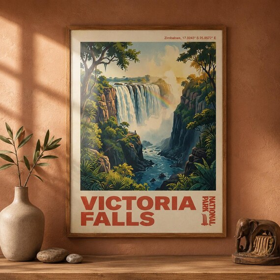 Victoria Falls Print Vintage Zimbabwe Travel Poster African Waterfall Wall Art