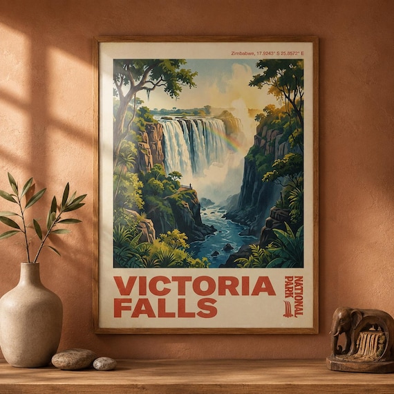 Victoria Falls Zimbabwe Vintage Style Waterfall Travel Art Poster