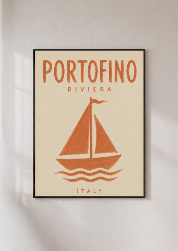 Portofino Riviera Italy Sailboat Terracotta Retro Travel Poster