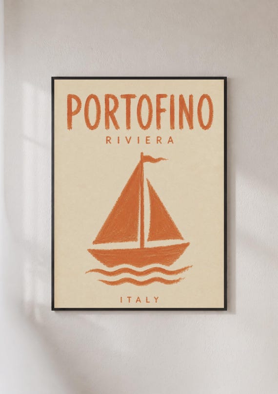 Portofino Riviera Italy Vintage Travel Poster Sailboat Wall Art Retro Italian Print