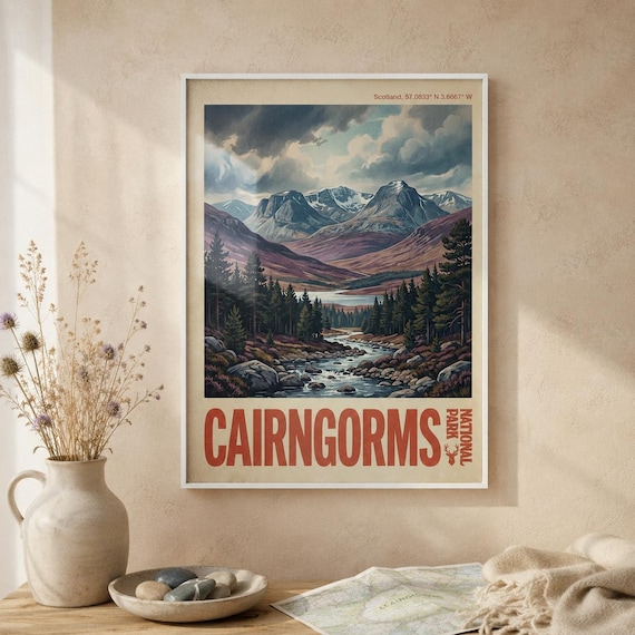 Cairngorms National Park Scotland Mountain River Vintage Travel Poster