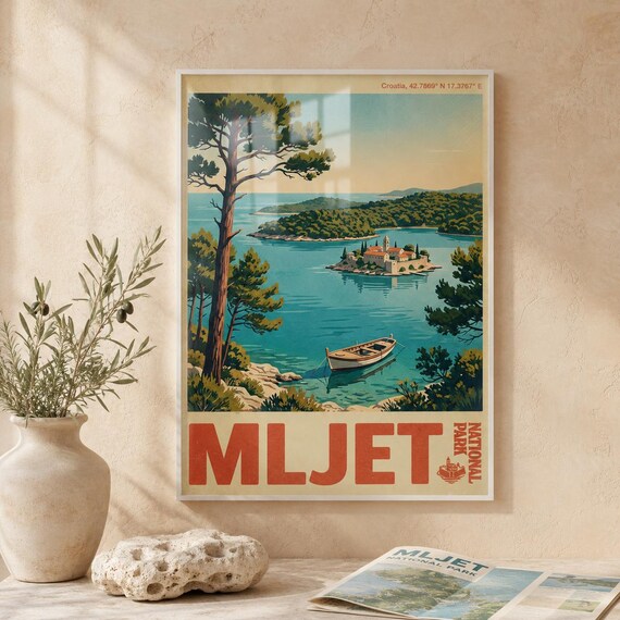 Mljet National Park Croatia Vintage Travel Poster Adriatic Island Wooden Boat Art