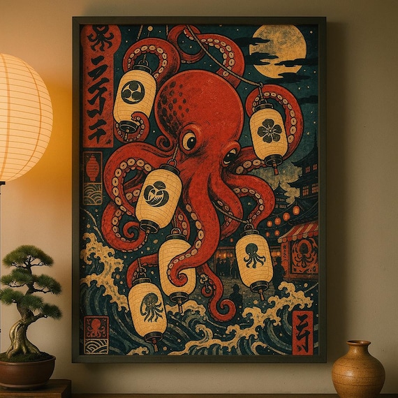 Japanese Lantern Octopus Vintage Takoyaki Festival Poster Ukiyo E Style Red Art