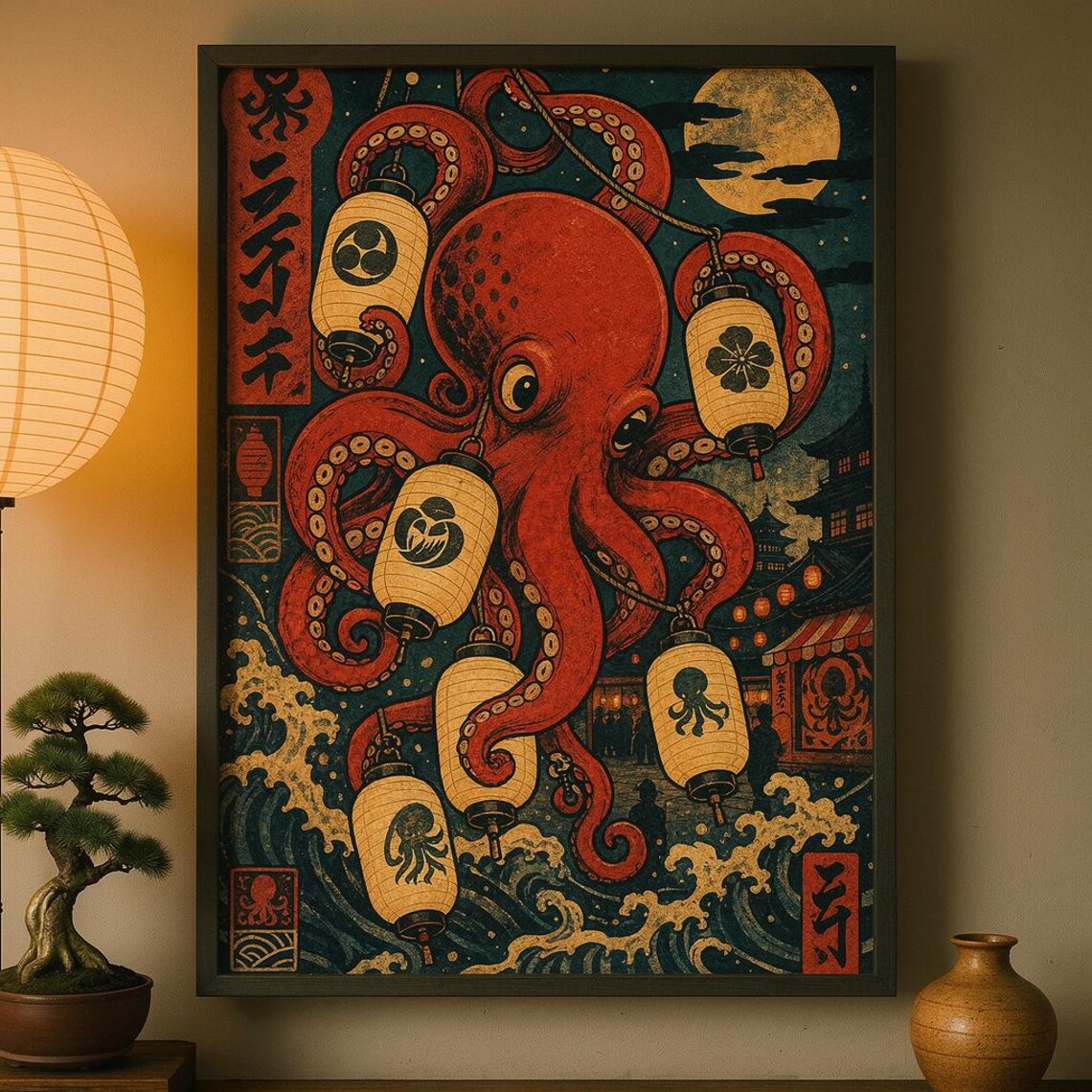 Japanese Lantern Octopus Vintage Takoyaki Festival Poster Ukiyo E Style Red Art