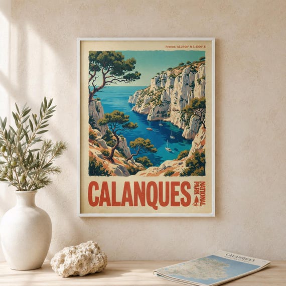 Calanques National Park Print Vintage France Travel Poster Mediterranean Coast Wall Art