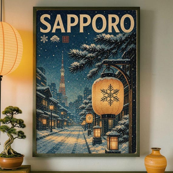 Sapporo Snow Lantern Travel Poster Japanese Winter Street Print