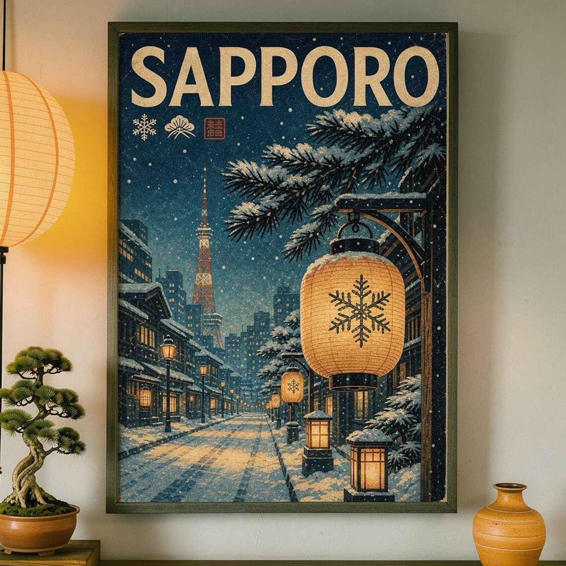 Sapporo Winter Night Travel Poster Snowy Lantern Street Japan Decor