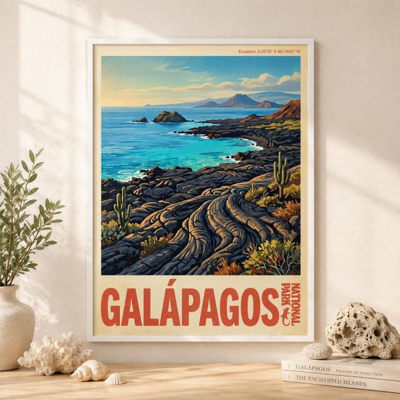 Galapagos National Park Print Vintage Ecuador Travel Poster Coastal Wildlife Art
