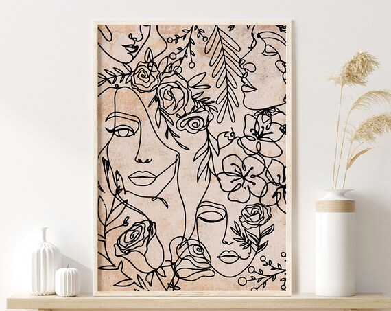 Women Faces with Roses Botanical Continuous Line Drawing Art Poster