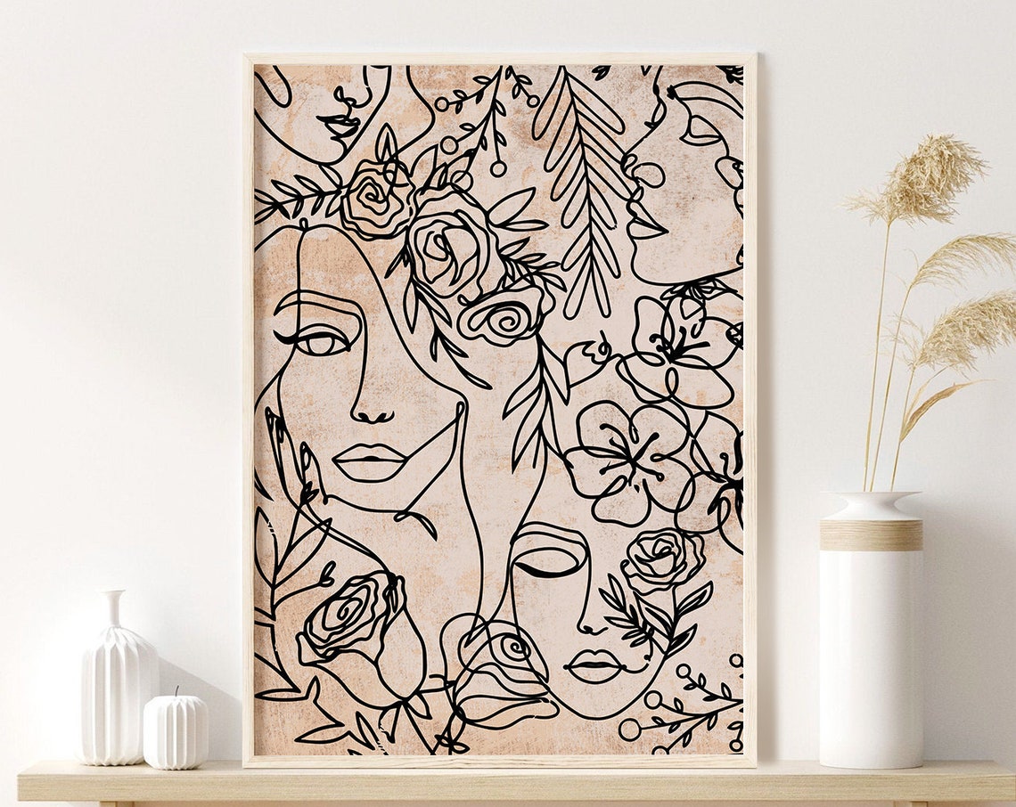 Women Faces with Roses Botanical Continuous Line Drawing Art Poster