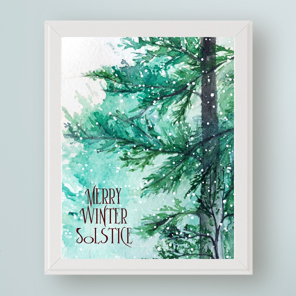 Merry Winter Solstice Snowy Pine Branch Watercolor Framed Art Print