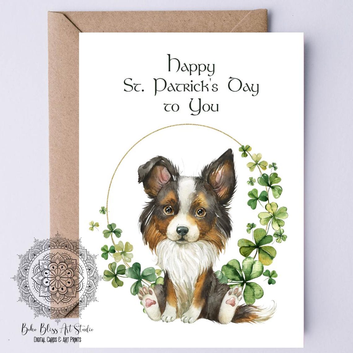 Happy St Patricks Day Border Collie Puppy Shamrock Wreath Card Print