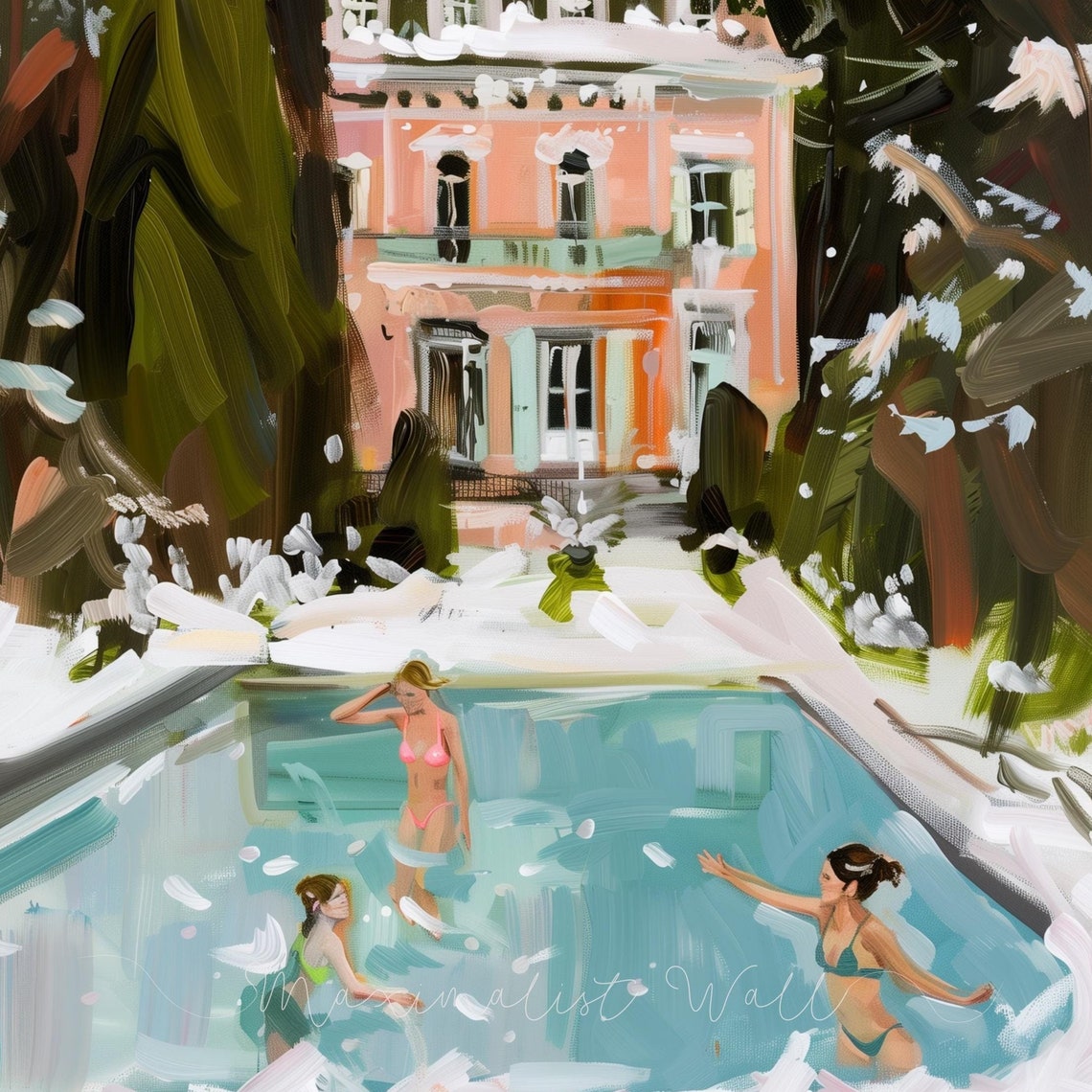 Three Women Swimming in a Winter Pool by a Pink Chateau Poster
