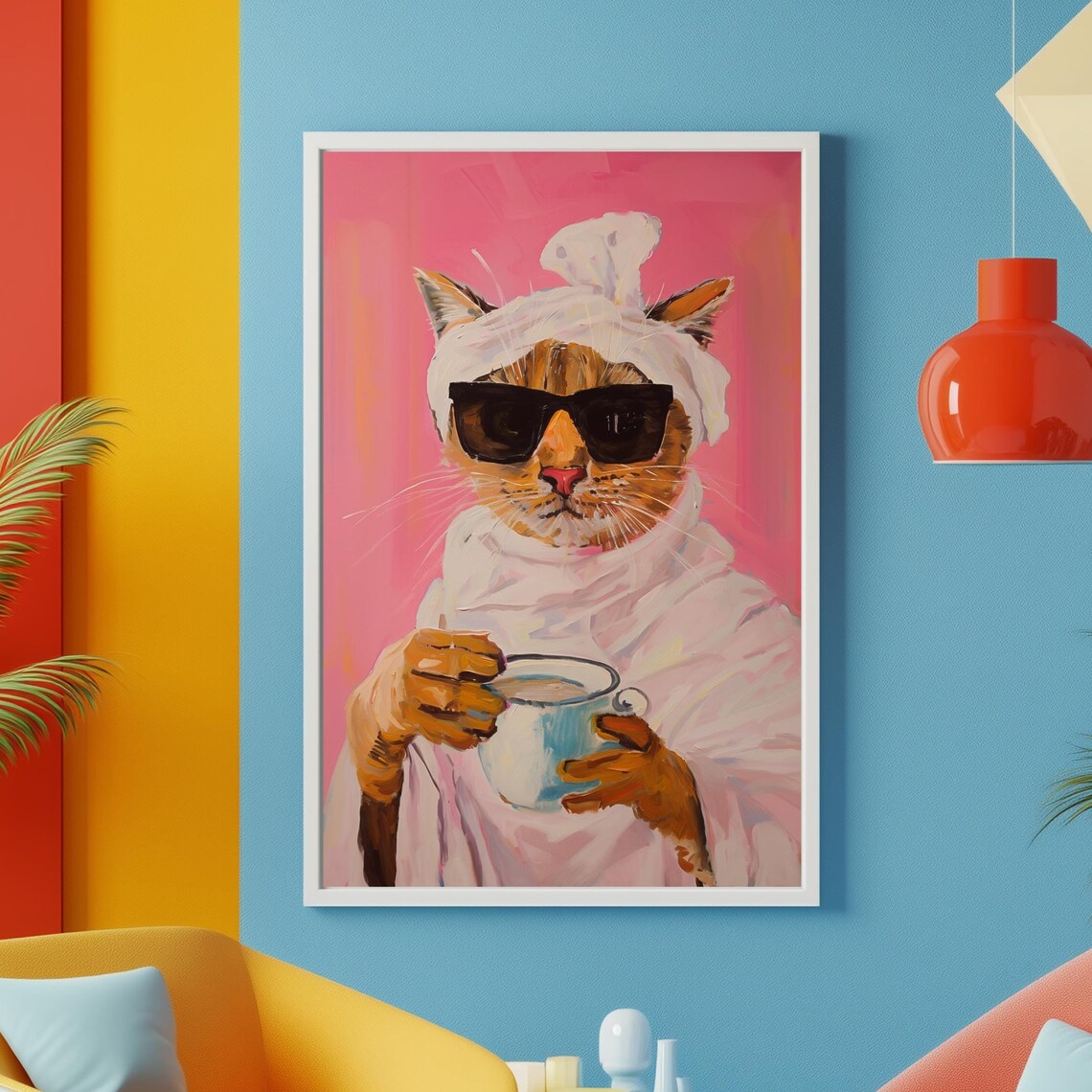 Cat In Bathrobe Poster, Funny Cat Bathroom Art