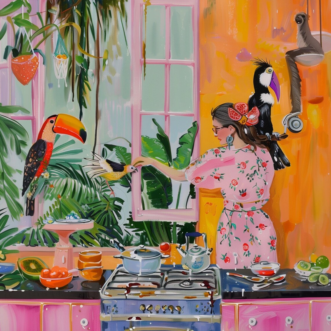 Woman With Toucans Cooking in a Tropical Pink Kitchen Art Print