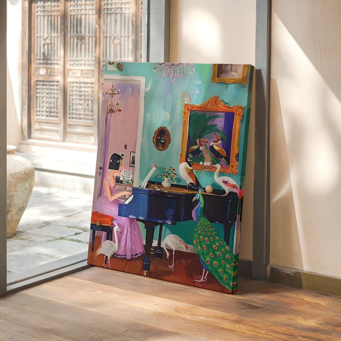 Woman Playing Piano Surrounded by Peacock and Flamingos Poster