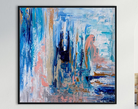 Wall Hanging Abstract Blue Geometric Art Textured Wall Art Home Decor Painting Oversized Texture Wall Art Geometric Oil Painting