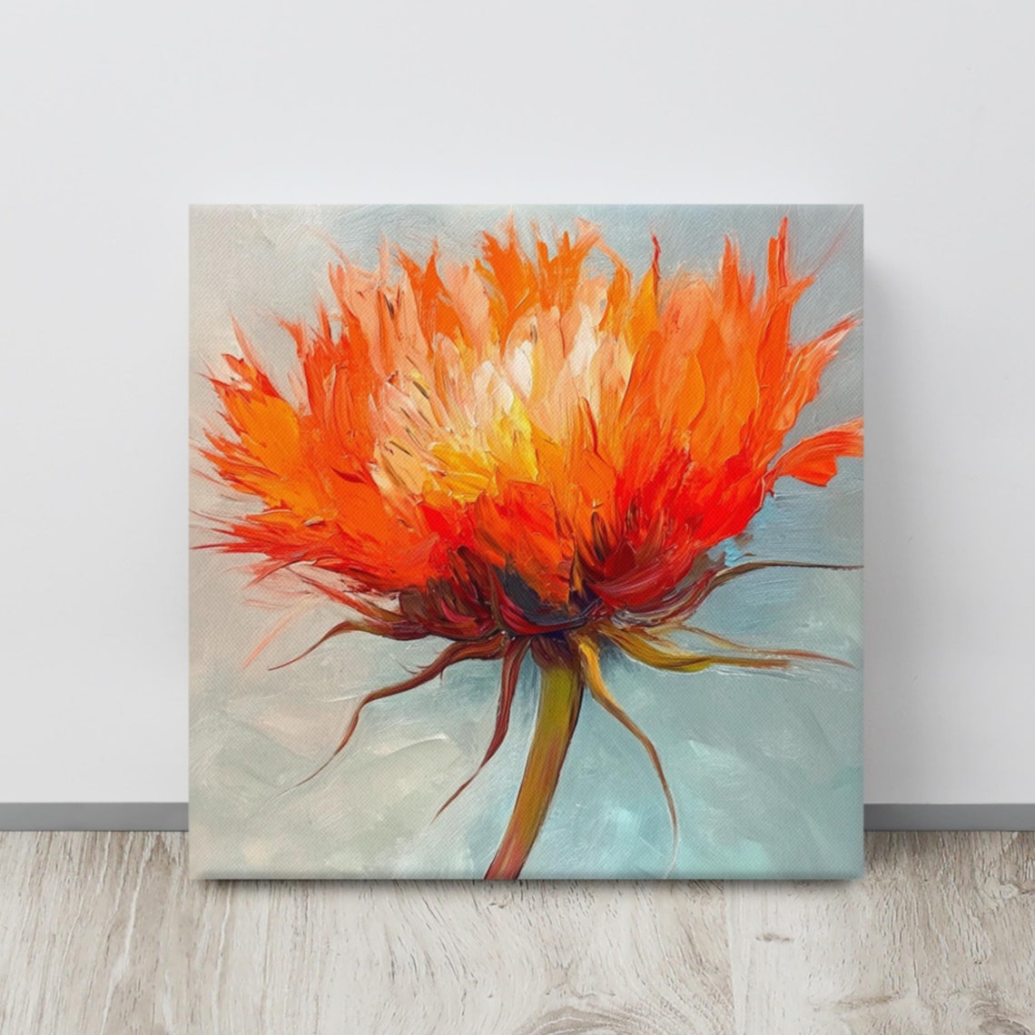 Orange Safflower Bloom Fiery Petals Blue Gray Impasto Wall Art