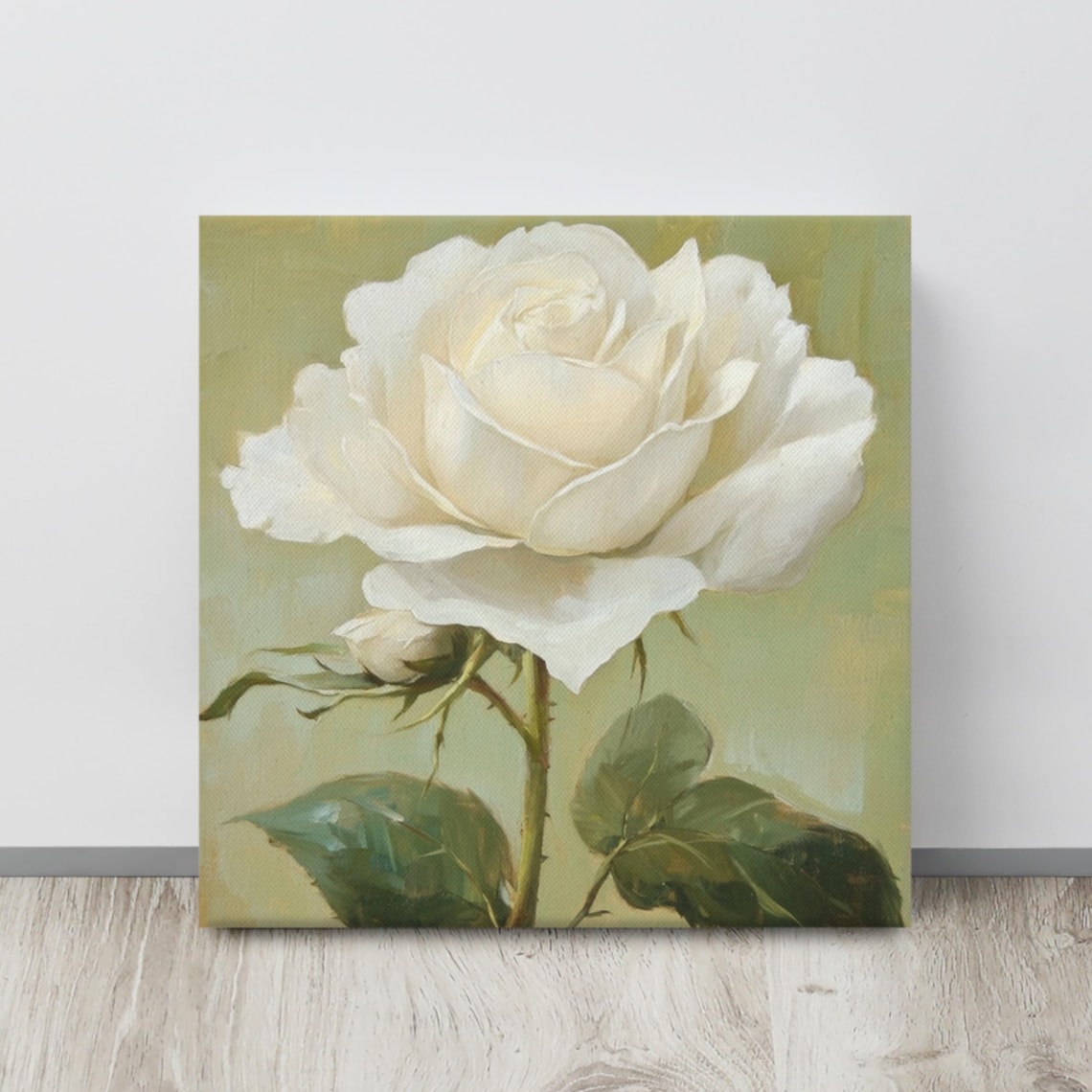 Elegant White Rose Bloom Bud Olive Green Floral Painting Print