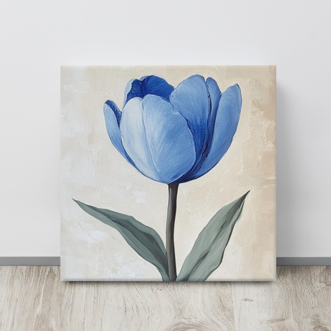 Blue Tulip Single Bloom Gray Leaves Cream Botanical Painting Print