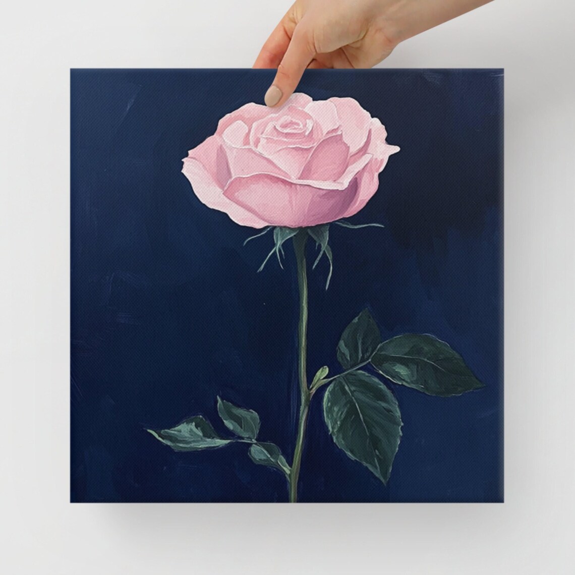 Pink Rose Navy Blue Background Dramatic Single Stem Art Poster