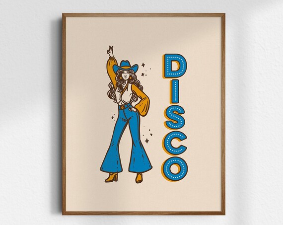 Disco Cowgirl Blue Denim Yellow Boots Retro Dance Fun Poster