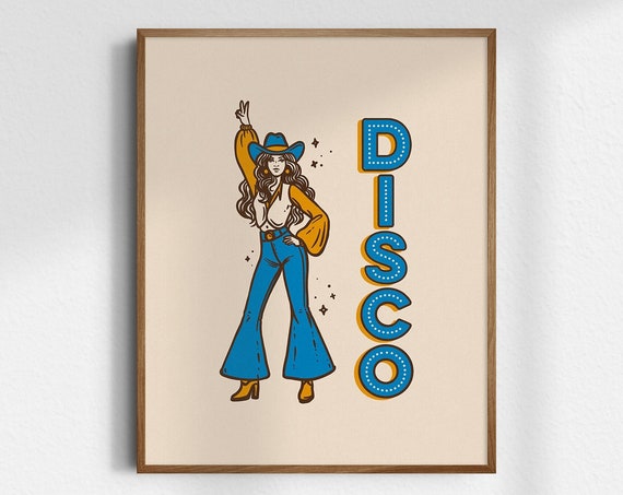 Disco Cowgirl Gicle Fine Art Print Western Vintage Retro Wall Unframed