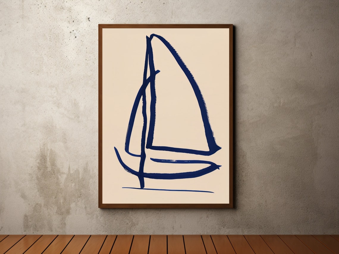 Minimalist Navy Blue Sailboat Sketch Abstract Coastal Wall Art