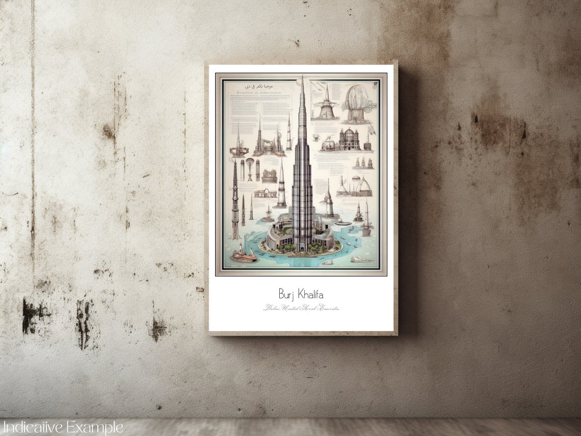 Burj Khalifa Dubai Architectural Sketch Blueprint Style Travel Poster - Image 2
