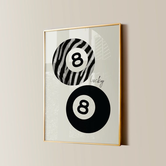 8 Ball Zebra Print Retro Lucky Girl Poster Funky Y2k Aesthetic Apartment Decor Black White Vintage Pool Ball Watercolor Bedroom Wall Art