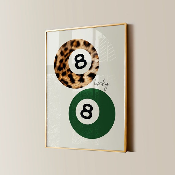 8 Ball Leopard Print Retro Lucky Girl Poster Funky Y2k Aesthetic Apartment Decor Green Vintage Pool Ball Watercolor Bedroom Wall Art