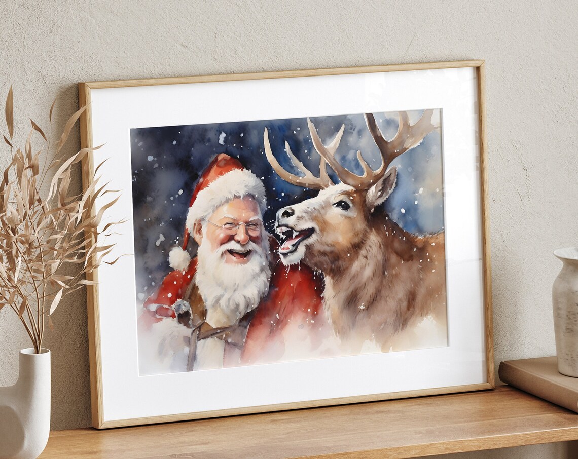Santa Claus and Reindeer Snowy Watercolor Joyful Christmas Art Poster - Image 2