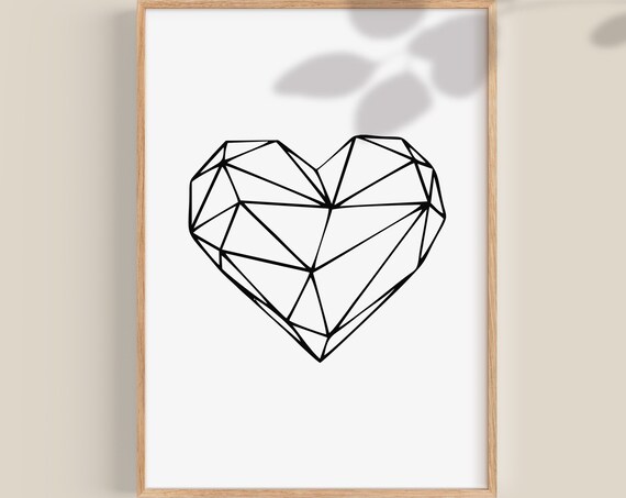 Minimalist Geometric Faceted Heart Line Art Black and White Poster