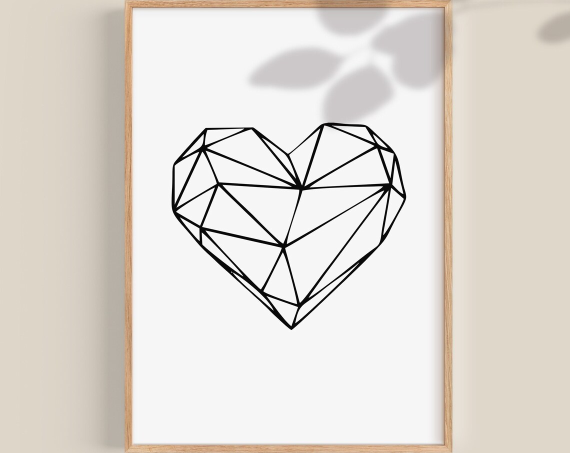 Minimalist Geometric Faceted Heart Line Art Black and White Poster