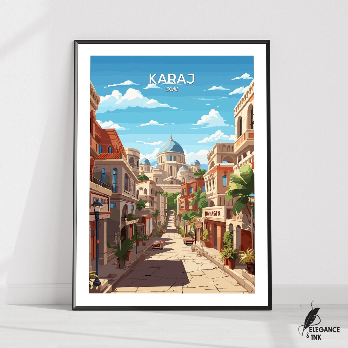 Karaj Iran Sunny Old Town Street Blue Domed Mosque Travel Poster