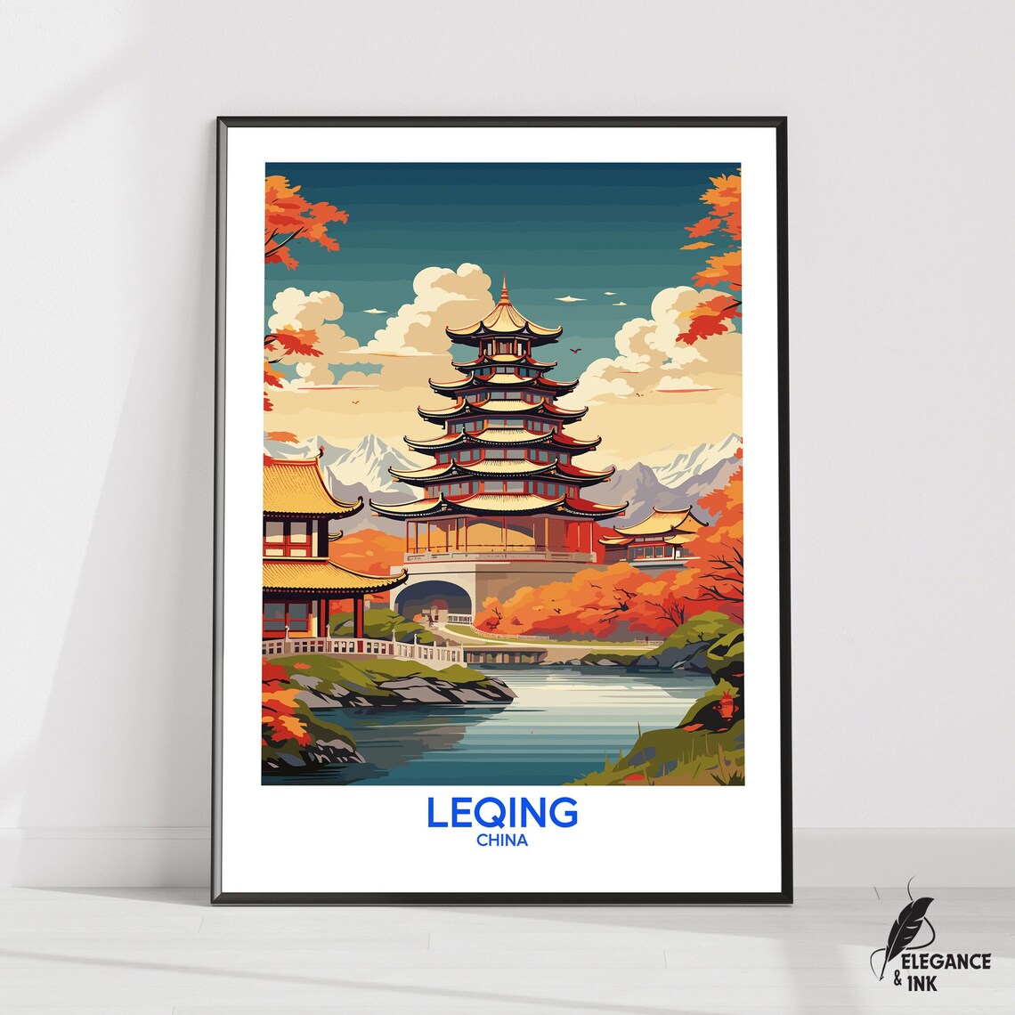 Leqing China Pagoda Autumn Lake Mountain Scenic Travel Poster