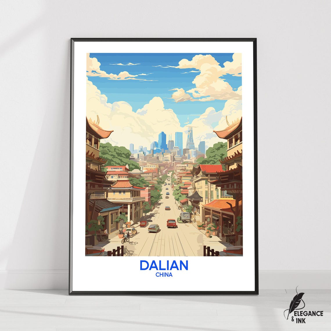 Vintage Dalian China Old Town Street Scene Travel Poster Artwork