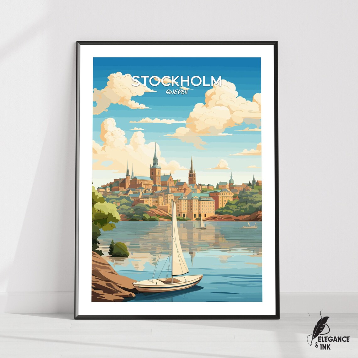 Stockholm Sweden Sailboat Harbor Skyline Vintage Style Travel Poster